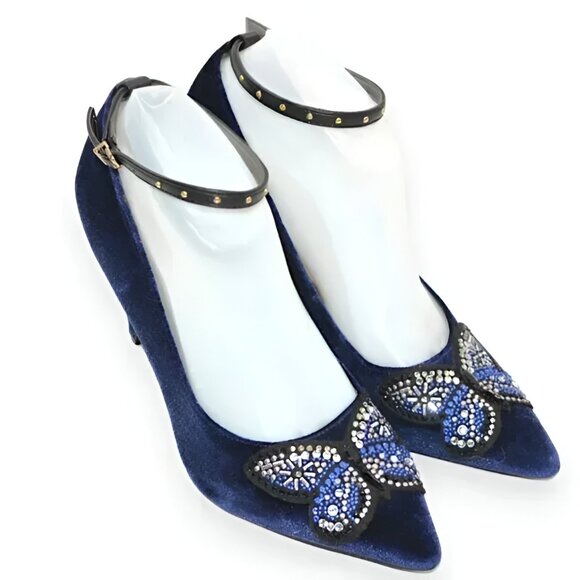 Edelman Sapphire Dark Navy Blue Butterfly Beaded Velvet Holiday Pumps Heels 7.5 - Picture 2 of 9